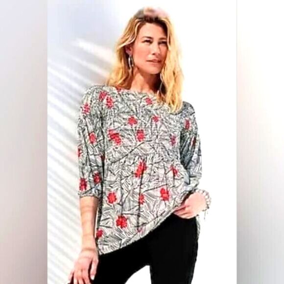 J. Jill Black & White Top w/Red Flowers, Shirred Elastic Chest, Size Medium P - Picture 3 of 11